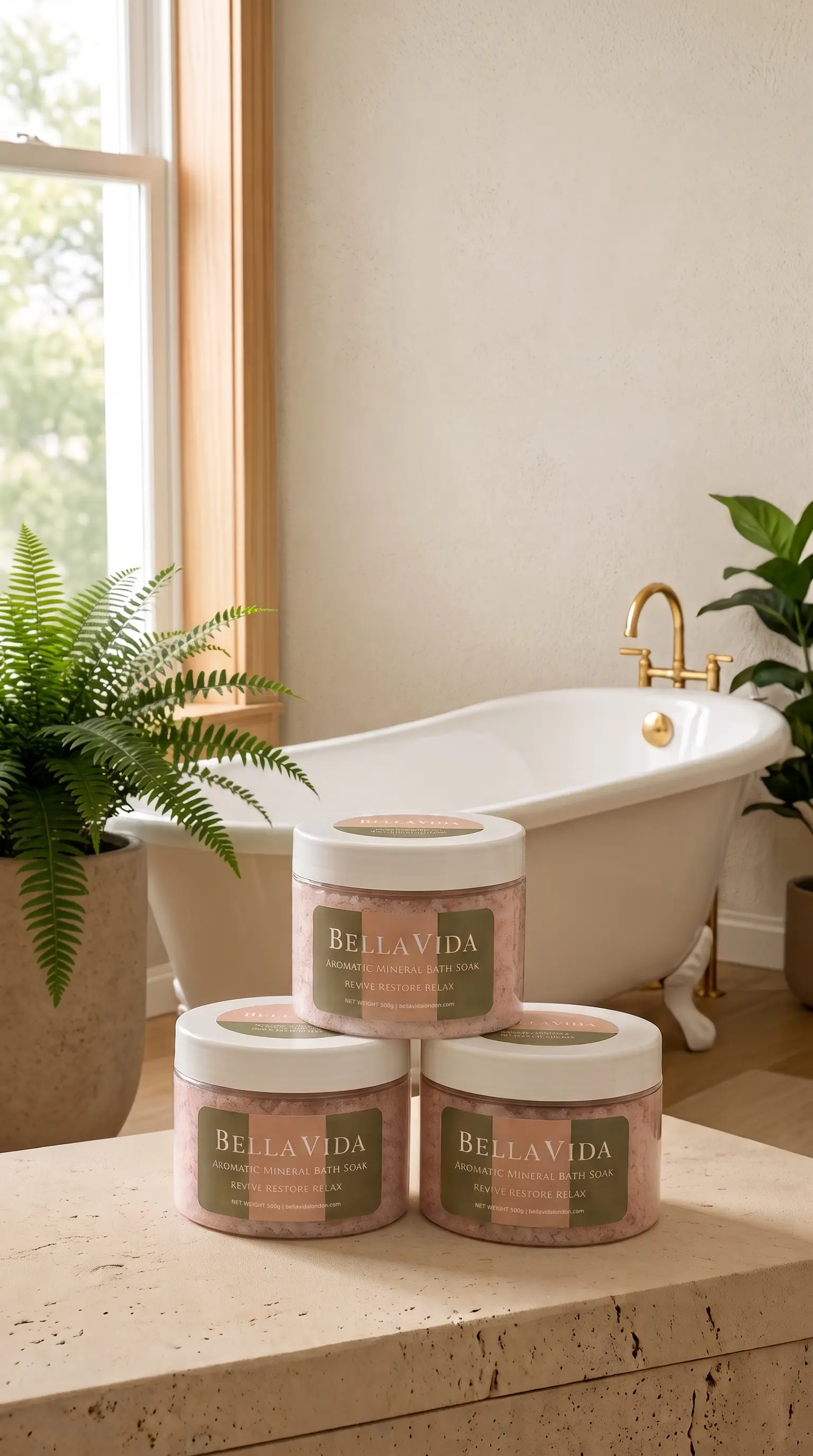 Jars of BellaVida bath salts stacked on a stone table, a freestanding bath in soft natural light behind them