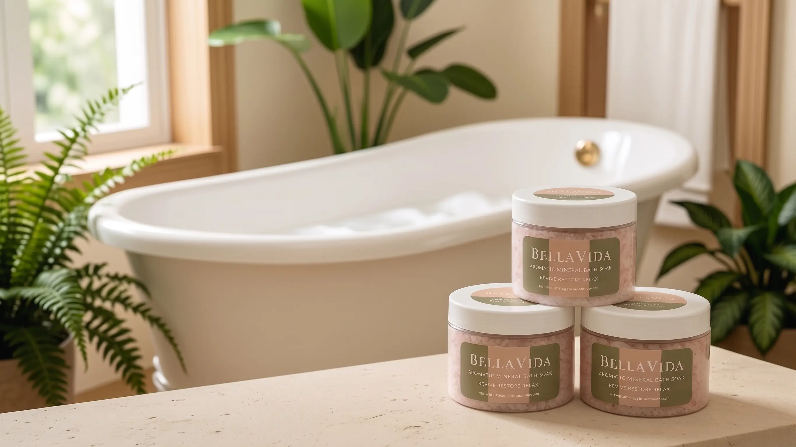 Jars of BellaVida bath salts stacked on a stone table, a freestanding bath in soft natural light behind them